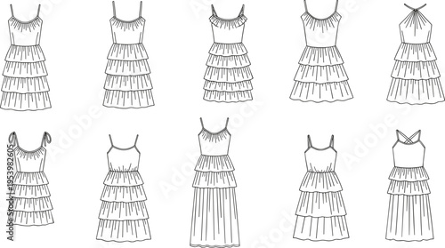 Women ruffle dress technical drawing collection with multiple styles and strap variations fashion flat sketch vector for clothing design