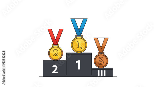 Tiered winner podium features gold, silver, and bronze medals with colorful ribbons to signify first, second, and third place achievements.