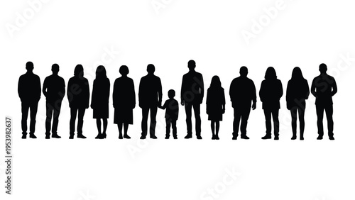 A line of silhouetted people including adults and children standing against a white background