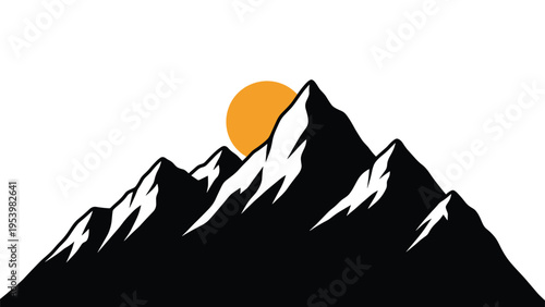 Silhouette of high mountain peaks with snow details against a white background featuring a bright orange sun or moon.