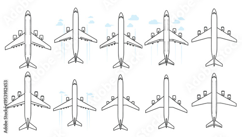 Collection of top-down airplane line drawings in black and white with some featuring soft blue clouds for travel concepts.