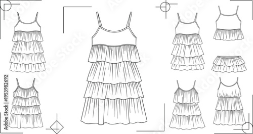 Women ruffle layered dress technical drawing set with multiple views and styles fashion flat sketch vector for clothing design
