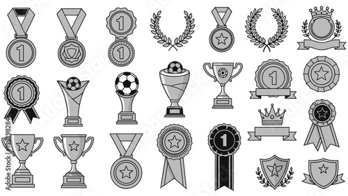 Set of various achievement and award symbols including trophies, medals, and ribbons in grayscale tones on a white background.