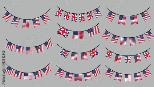 Selection of nine different bunting banner designs featuring small American and British flags on strings over a grey background.
