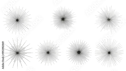 Set of seven different black and white sunburst vector elements with fine radial rays for vintage logos and badge designs.