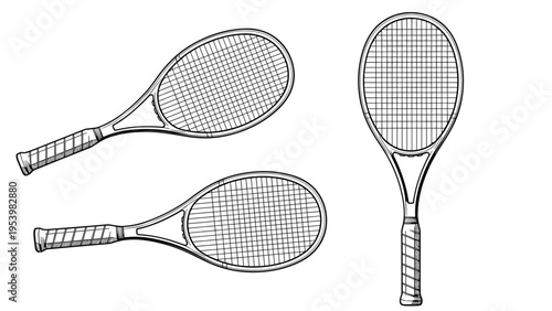 Three hand-drawn black and white tennis racket illustrations from different angles isolated on a white background for sports art.
