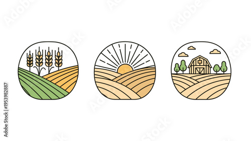 Set of three circular icons depicting agricultural scenes with wheat fields, a rising sun, and a farm barn with trees.