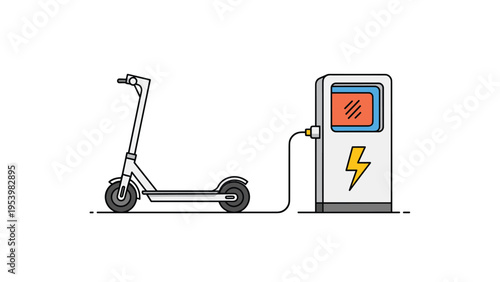 Electric kick scooter being charged at a public charging station with a lightning bolt symbol for green urban transport concepts.