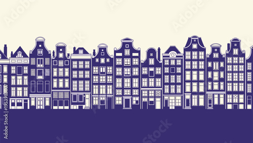 Silhouette of traditional Dutch canal houses in Amsterdam is shown in a continuous line against a light background for travel concepts.