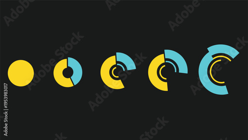 Set of futuristic digital progress bars or loading circles is shown in yellow and cyan colors against a dark background for tech themes.