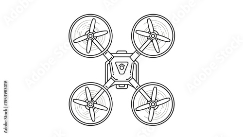 Top-down line art drawing of a quadcopter drone with four spinning propellers is shown on a white background for technology and aerial use.