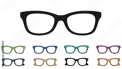 Large black eyeglass frame is displayed above a row of eight smaller frames in various colors like green, blue, and orange for retail use.