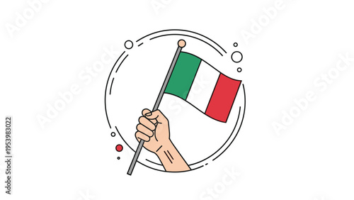 Illustration shows a hand holding the national flag of Italy on a pole, enclosed within a circular border with decorative dots and shapes.