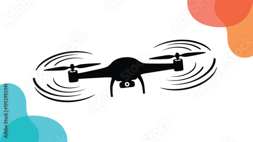 Silhouette of a flying camera drone with spinning rotors is set against a white background with colorful abstract shapes in the corners.
