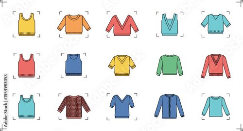 Women tops and sweaters icon set colorful casual clothing collection with different styles modern fashion apparel vector illustration