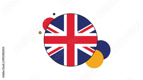 Free Download Circular emblem features the Union Jack flag of the United Kingdom, surrounded by colorful floating circles for a modern graphic look. - GFXLoad