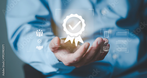 Cybersecurity compliance, trust verification, data protection, and enterprise digital safety. Businessman holding digital quality certification badge, security shield and cloud protection icons