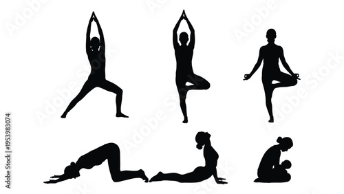 Silhouette illustrations depict individuals performing various yoga poses against a white background