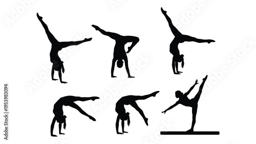 Silhouettes of gymnasts performing various acrobatic poses and balances high quality