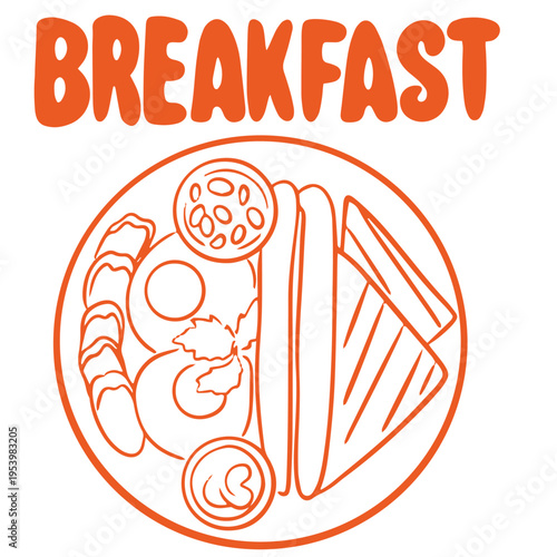 Breakfast hand drawn doodle with sausage eggs toast and plate full meal illustration
