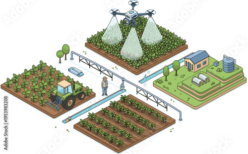 Smart farming isometric concept with drone irrigation tractor greenhouse and crop fields modern agriculture technology vector illustration