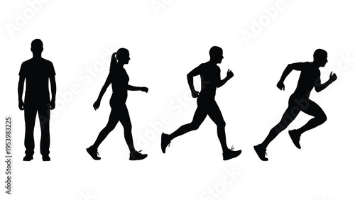 Silhouettes of four people depicting different stages of movement from walking to running