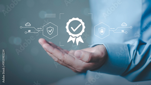 Cybersecurity compliance, trust verification, data protection, and enterprise digital safety. Businessman holding digital quality certification badge, security shield and cloud protection icons