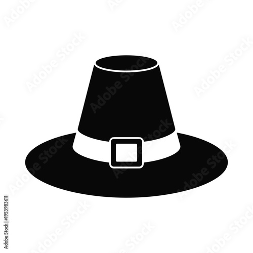 Black icon of a pilgrim hat with a buckle, representing thanksgiving and historical american traditions, white background