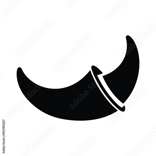 Black icon of a crescent moon horn or cornucopia shape, suggesting music, celebration, or bounty, new year, abstract shape