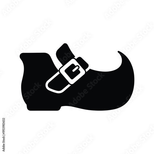 Black icon of a single buckle shoe, like a mary jane or a leprechaun shoe, on white background, dress shoe, st patrick