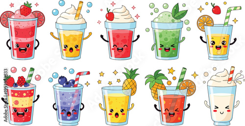 Cute smoothie and juice characters illustration set with fruit drinks milkshakes fresh beverages and kawaii cartoon refreshment collection