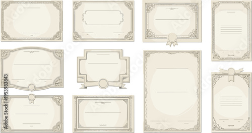 Vintage certificate and diploma templates collection with ornate frames borders and classic decorative elements vector illustration set