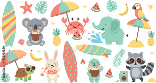Cute summer beach animals illustration set with surfing koala elephant bunny raccoon turtle and tropical vacation elements collection