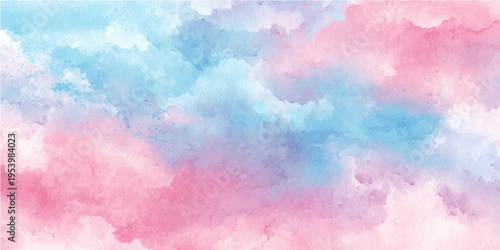 Abstract watercolor painting, featuring soft clouds in pastel blue and pink hues, evokes a sense of serenity and dreaminess.