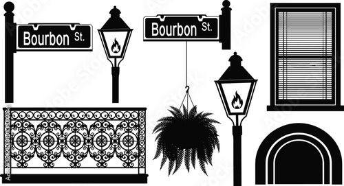 Bourbon Street New Orleans vector illustration, vintage street signs lantern balcony window and iron railing silhouette set for historic city architecture design collection