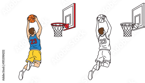 Vector illustration of a basketball player jumping to slam dunk the ball, featuring both colorful and black and white line art versions isolated on white background.