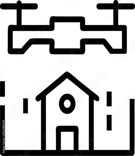 Drone delivery line art icon for aerial house package transport