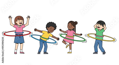Children happily playing with hula hoops outdoors.