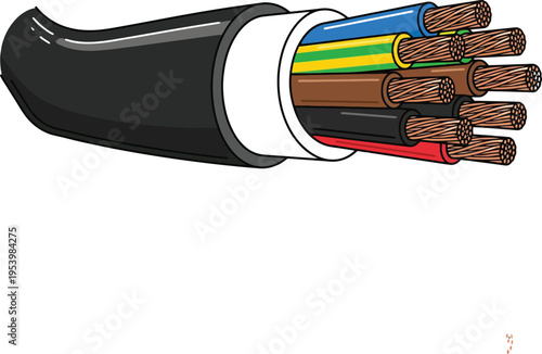 Illustration of a multi-core electrical cable featuring copper conductors. Multiple individual colored wires insulated and enclosed within a protective outer sheath. 