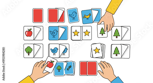 Children playing a card matching game with colorful illustrations.