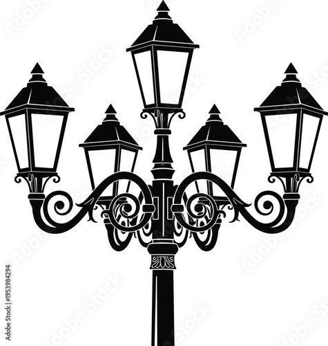 Classic street lamp silhouette vector, ornate multi lantern post design, vintage decorative lighting element, urban illumination icon, black isolated illustration