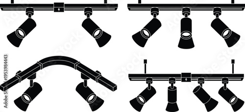 Various configurations of track lighting systems, which are versatile fixtures used for both functional and accent lighting in homes and commercial spaces.