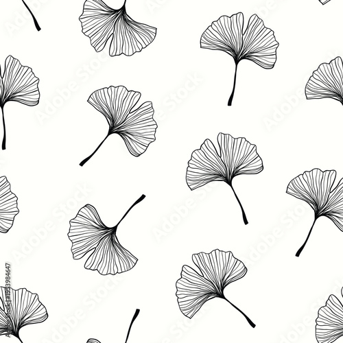 Ginkgo biloba leaves seamless pattern, decorative doodle wallpaper, minimalist design