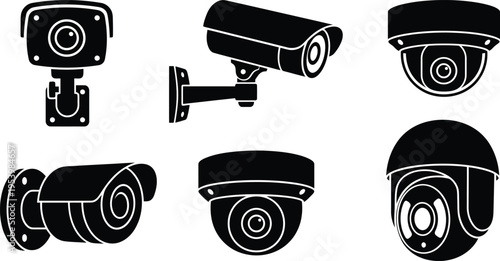 Set of black vector icons representing various types of CCTV surveillance cameras. Security Cameras
