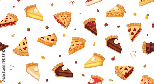 Seamless pie slice pattern with assorted desserts including berry chocolate and cream pastries vector illustration background