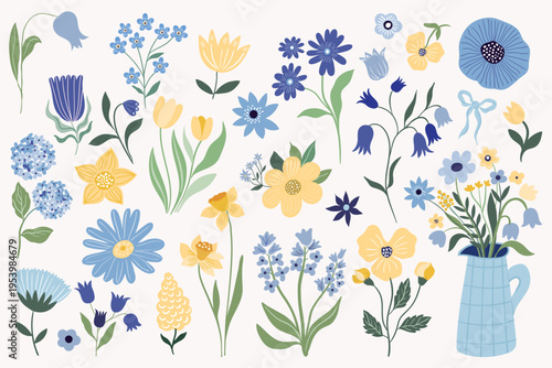 Floral collection for spring and summer, blue and yellow different flowers and plants