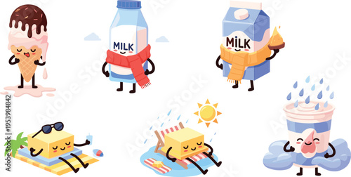 Cute dairy food seasonal characters collection with milk ice cream yogurt butter summer and winter cartoon vector set