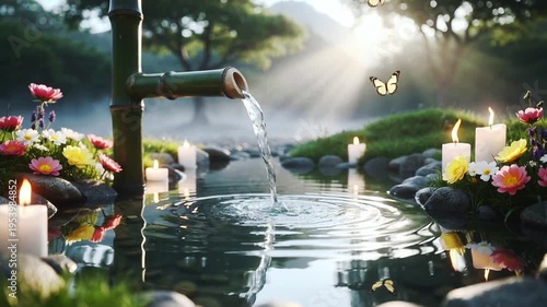 Traditional japanese zen garden with bamboo fountain and candle light in the morning - spa background, relaxing music background
