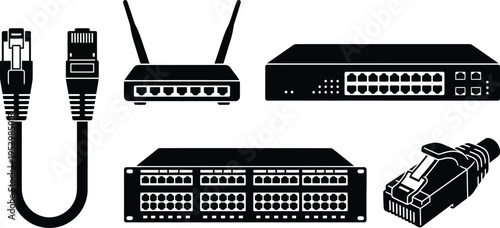 Collection of black networking hardware icons, specifically featuring network switches, a Wi-Fi router, and Ethernet cables
