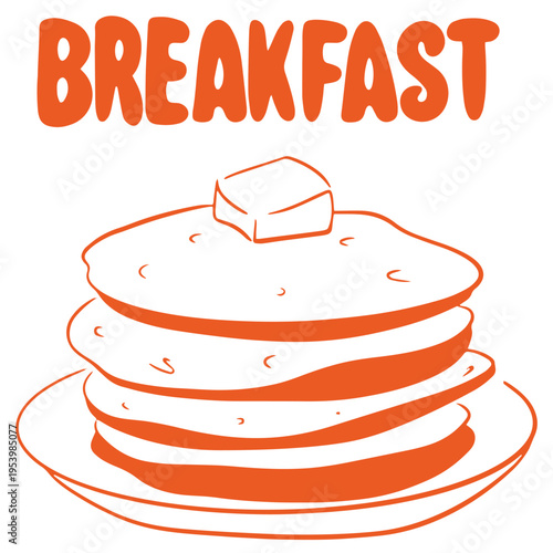Breakfast hand drawn doodle with pancakes stack butter and plate morning meal illustration

